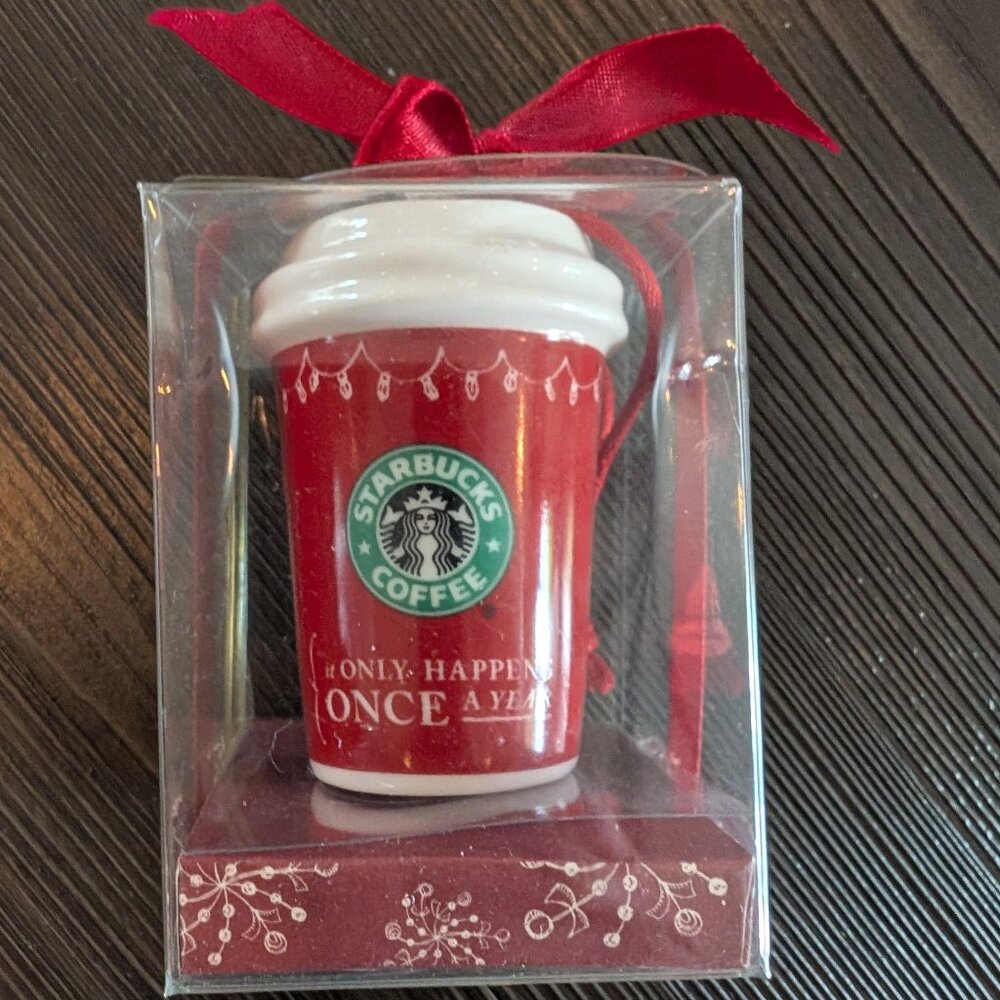 STARBUCKS Hot Cup Holiday Ceramic Ornament 2005